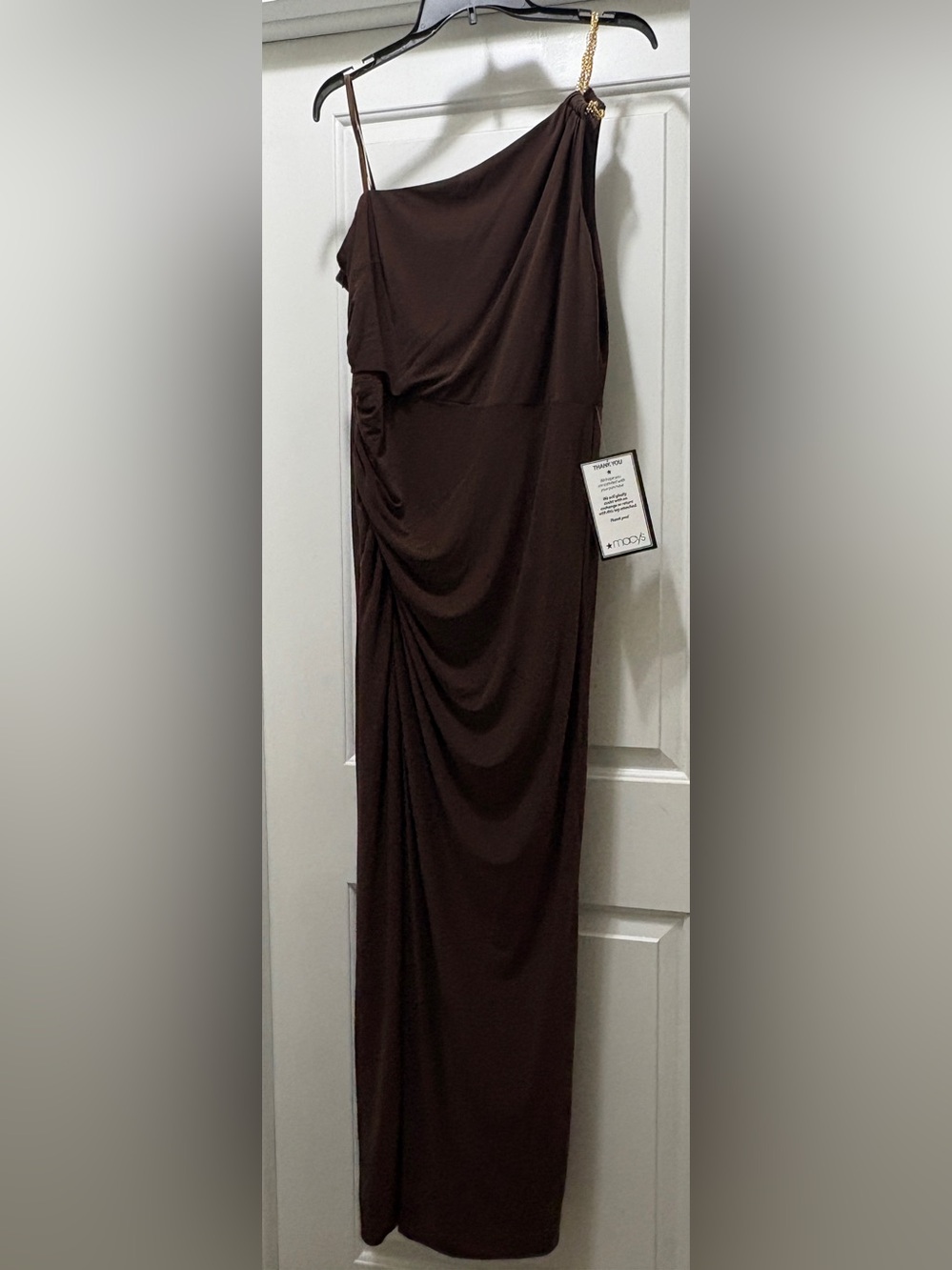 Elegant One-Shoulder Brown Evening Dress with Chain Detail